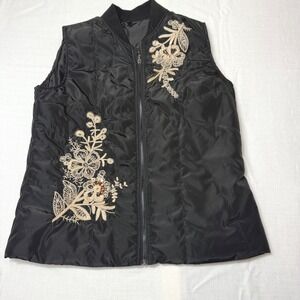 FOR CYNTHIA Black Quilted Puffer Vest Floral Embroidered Beaded Bomber Style L‎